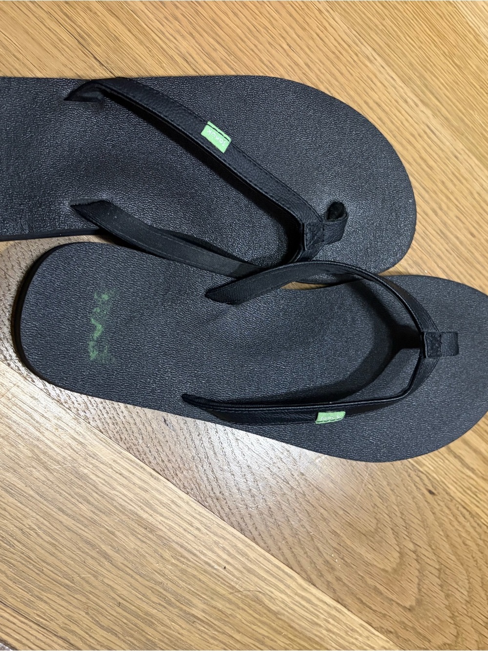 Sanuk Black Flip Flop Sandals with Green Logo Tabs
